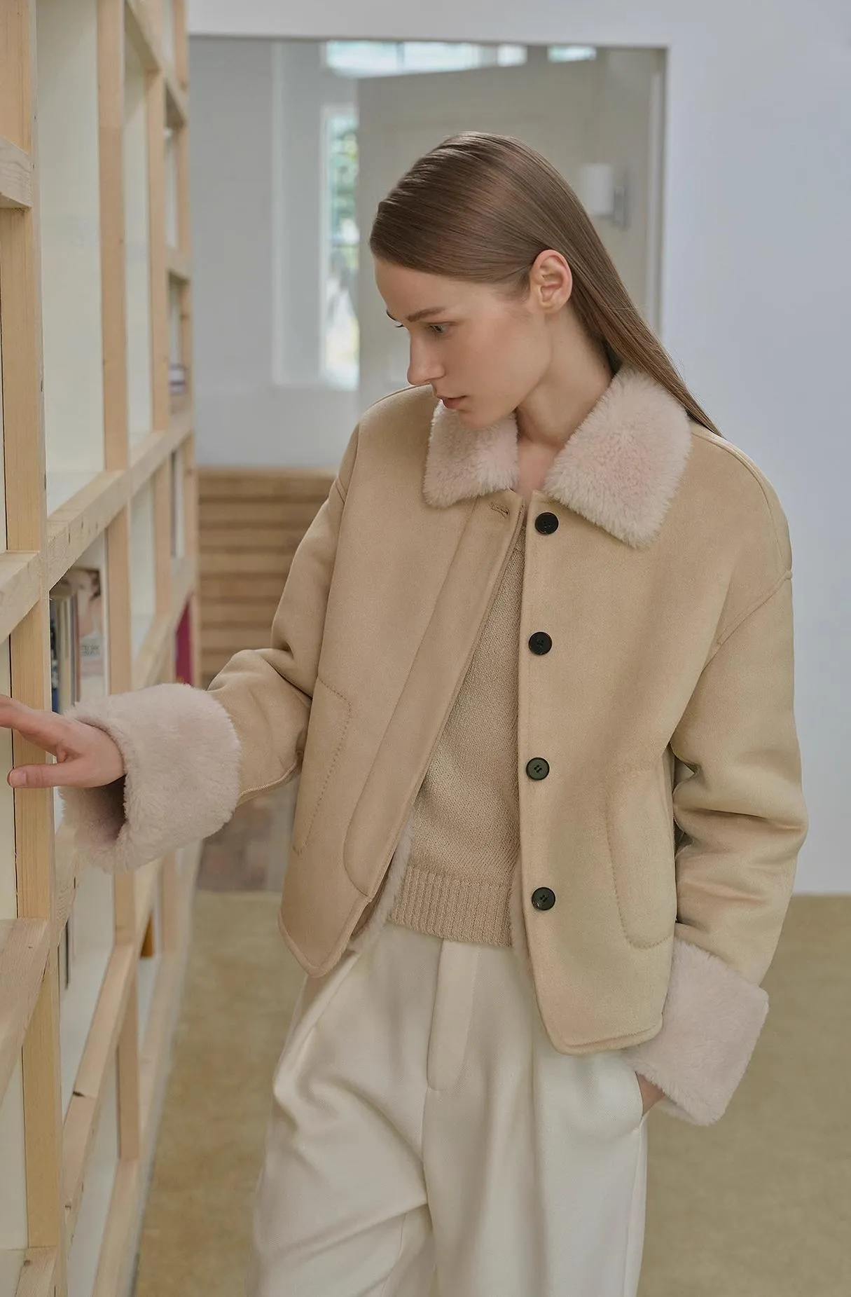 Fireladyfur Women's Casual Shearling Jacket with Furry Lapel"Slightly Sweet Latte" sold by Firelady Fur product image thumbnail 4