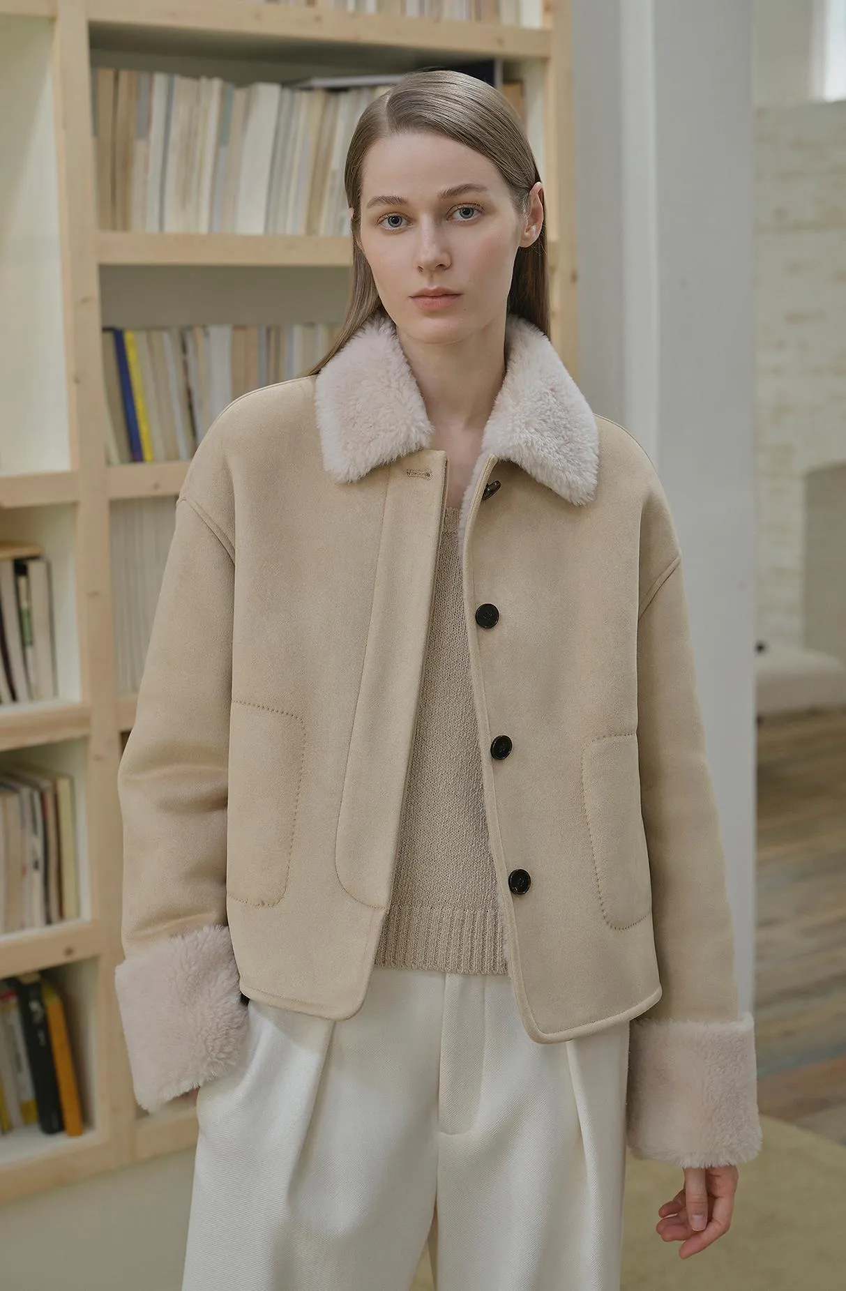 Fireladyfur Women's Casual Shearling Jacket with Furry Lapel"Slightly Sweet Latte" sold by Firelady Fur