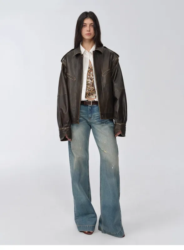 "Barn Feelings" Vintage distressed vegetable tanned sheepskin sleeves removable two-way genuine leather jacket sold by Firelady Fur
