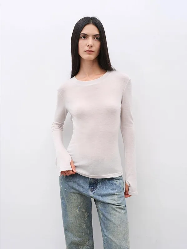 Women's Glove cuffs white sweater loose slightly flared long sleeve O-neck Slim Fit basic T-shirt，"urban simplicity" sold by Firelady Fur