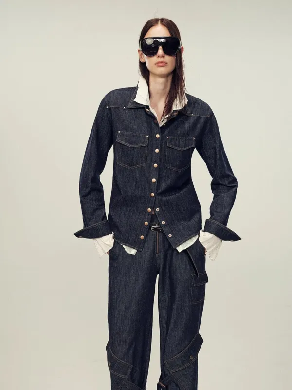 Vintage raw cotton and linen custom red copper rivet lapel pleated waist slim shirt "Daydream Blue" sold by Firelady Fur