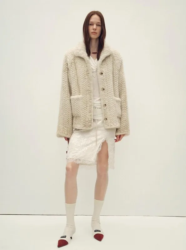 Imported velvet stand-up lapel hand-woven mink fur coat "Hokkaido Dreamweaver" sold by Firelady Fur