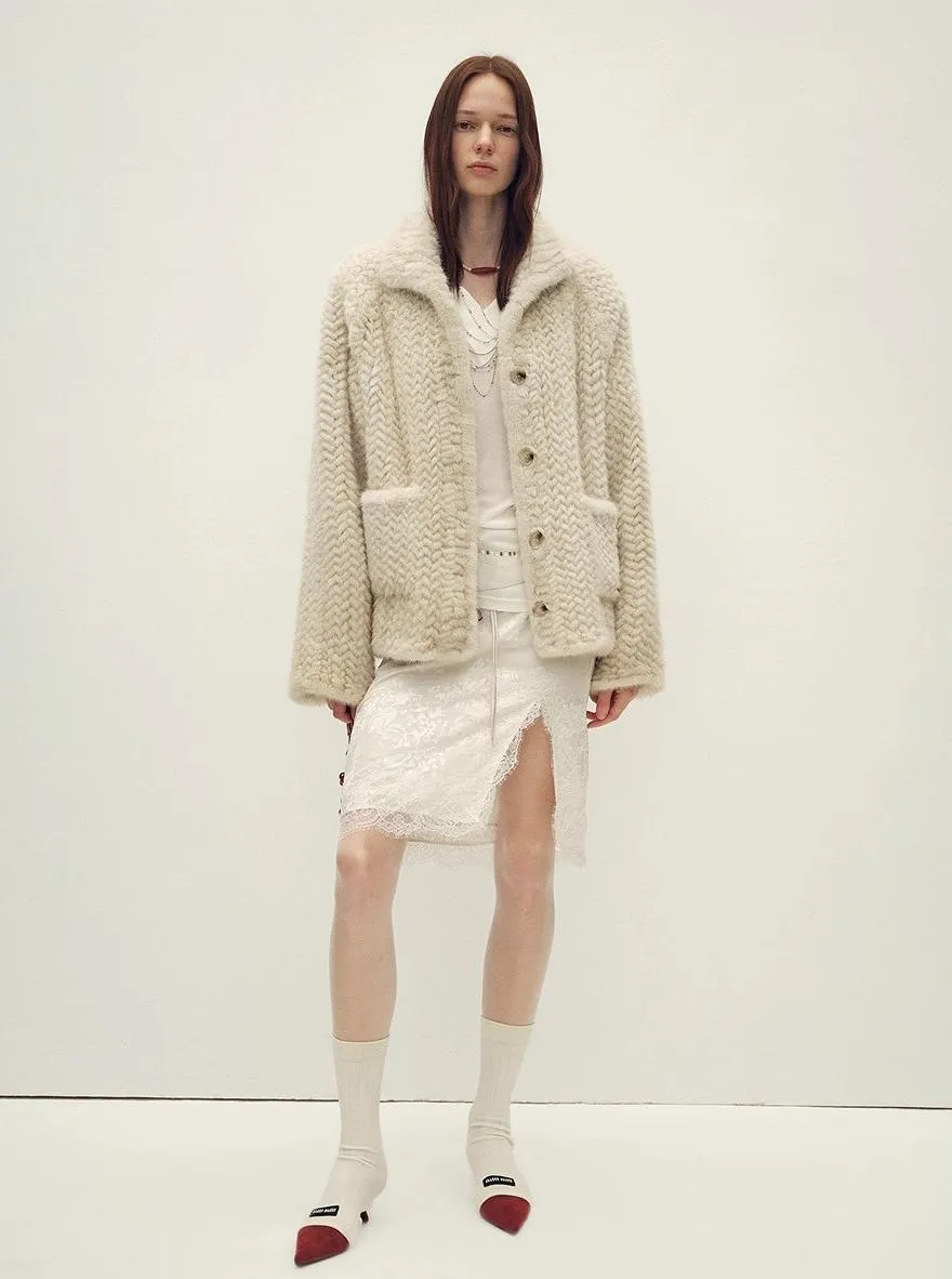 Imported velvet stand-up lapel hand-woven mink fur coat "Hokkaido Dreamweaver" sold by Firelady Fur