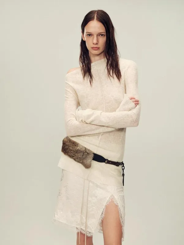 Wool blended texture velvet jacquard oblique shoulder knitted bottoming shirt for women in autumn "Morning Mist White" sold by Firelady Fur