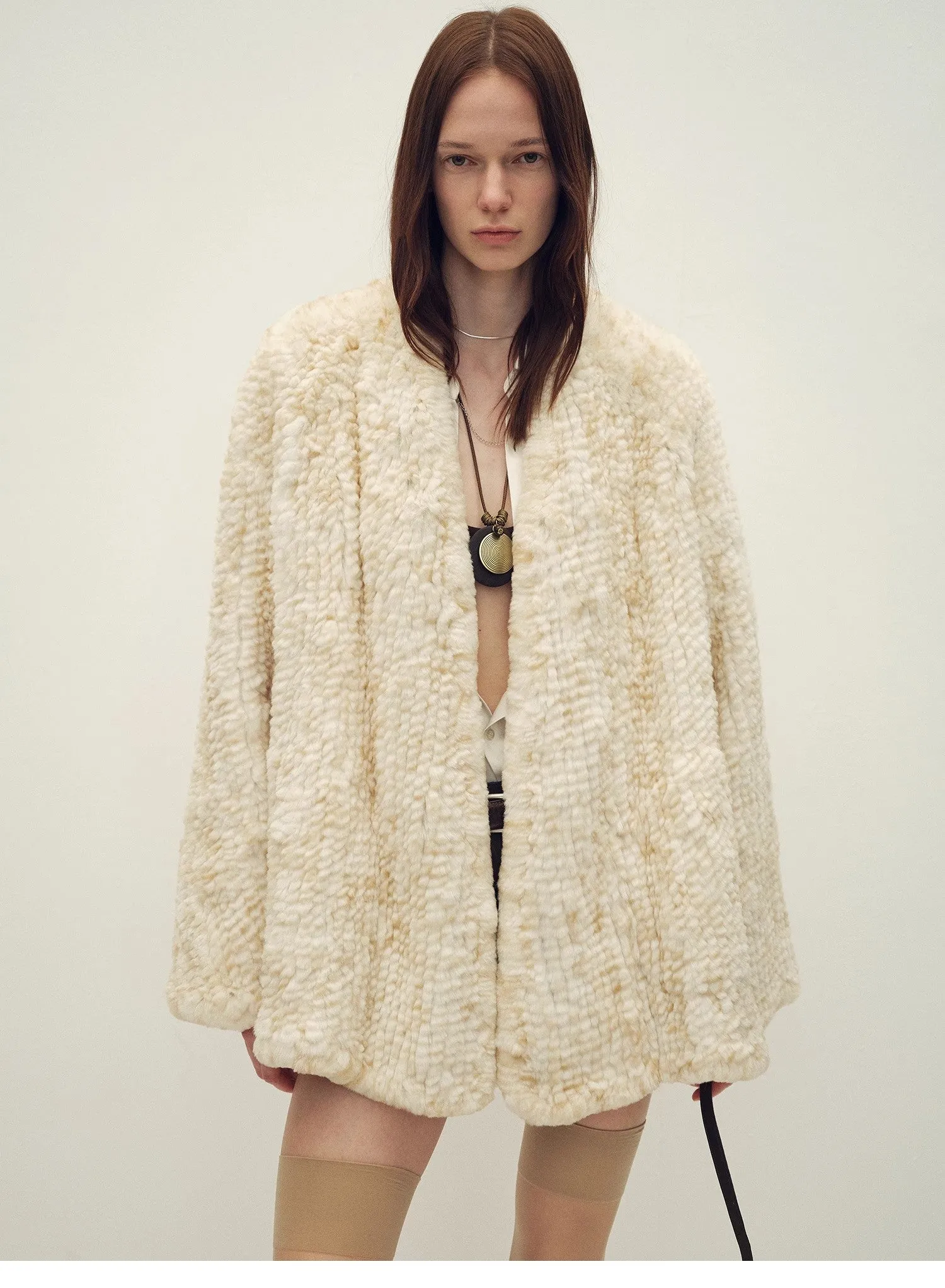 Loose-fitting two-tone gradient-dyed long woven Rex rabbit fur coat "Artistic Weaving" sold by Firelady Fur product image thumbnail 3