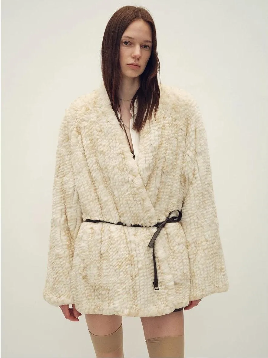 Loose-fitting two-tone gradient-dyed long woven Rex rabbit fur coat "Artistic Weaving" sold by Firelady Fur product image thumbnail 2