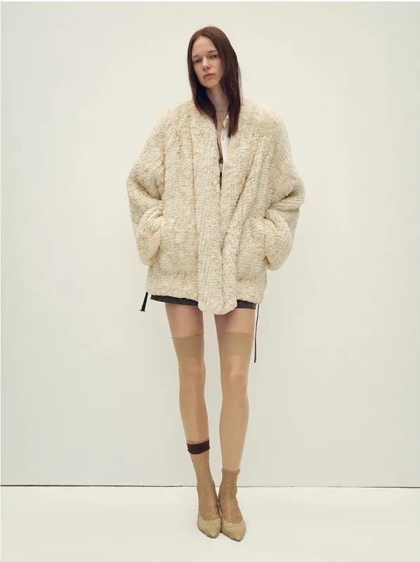 Loose-fitting two-tone gradient-dyed long woven Rex rabbit fur coat "Artistic Weaving" sold by Firelady Fur