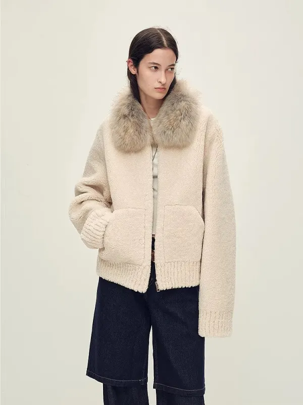 Firelady Fur Women's Merino Shearling Coat | Layered Patch-Dyed Raccoon Fur Collar“Hokkaido Melody” sold by Firelady Fur