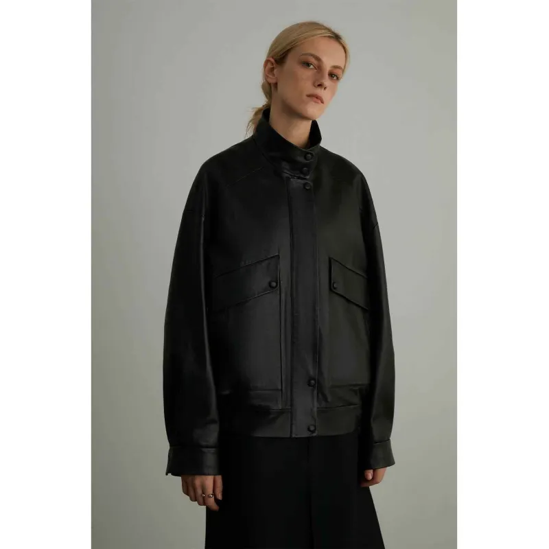 Firelady Fur Women's Genuine Sheep Funnel Neck Leather Motorcycle Short Jacket "Loveless Muse" made by Firelady Fur