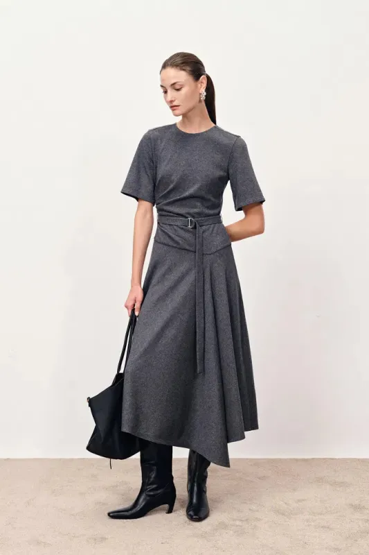 Bea Asymmetric Hem Wool Dress in Merino Wool sold by Fabrique
