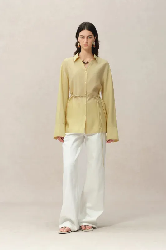 Xena Hand Beaded Belt Cinched Waist Shirt in Acetate Blend sold by Fabrique