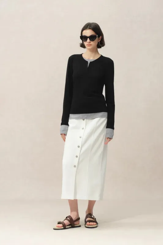 Maya Black and Grey Layered Look Long Sleeve Top in Tencel-Merino sold by Fabrique