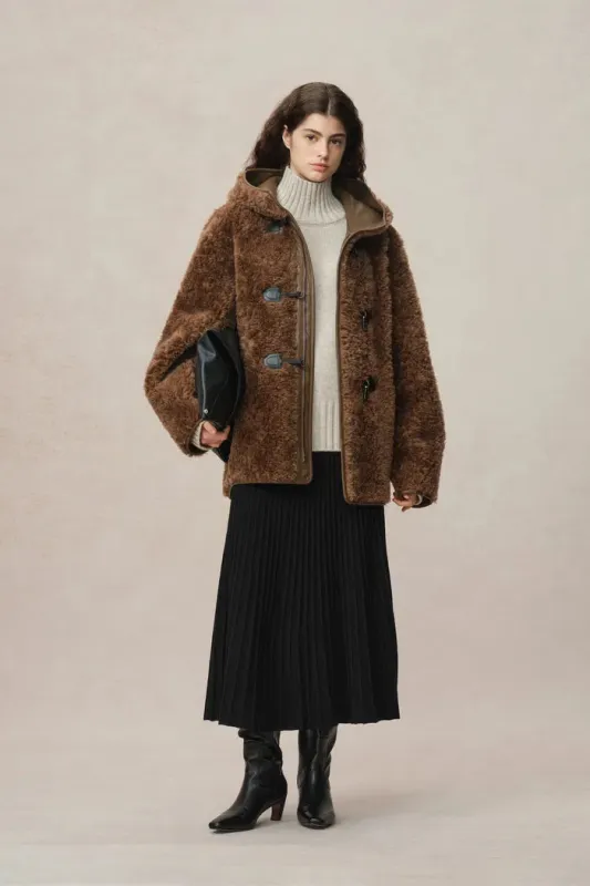 Clémence Shearling Hooded Coat in Vegan Leather and Wool Blend sold by Fabrique