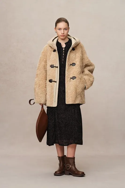 Clémence New Semi Oversized Hooded Sherpa Short Coat in Wool Blend sold by Fabrique