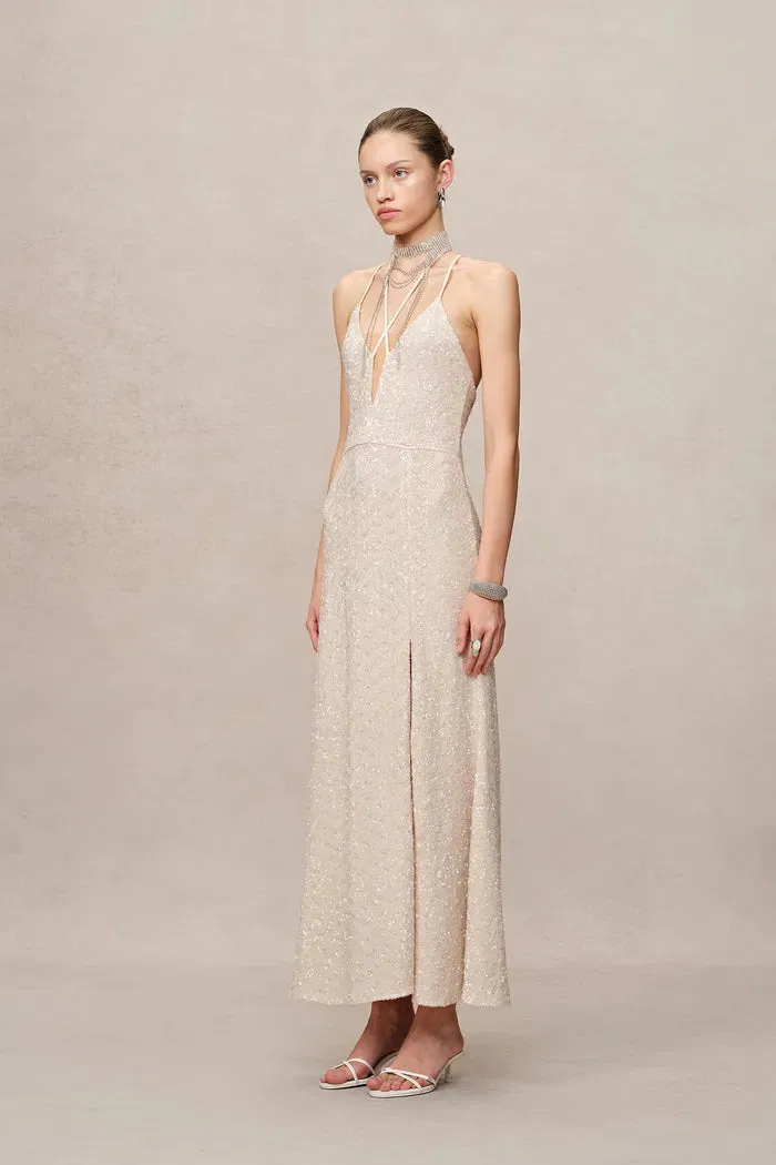 Anita Handcrafted Embellishment Slit Slip Dress in Crystal Sequin Lace sold by Fabrique product image thumbnail 4