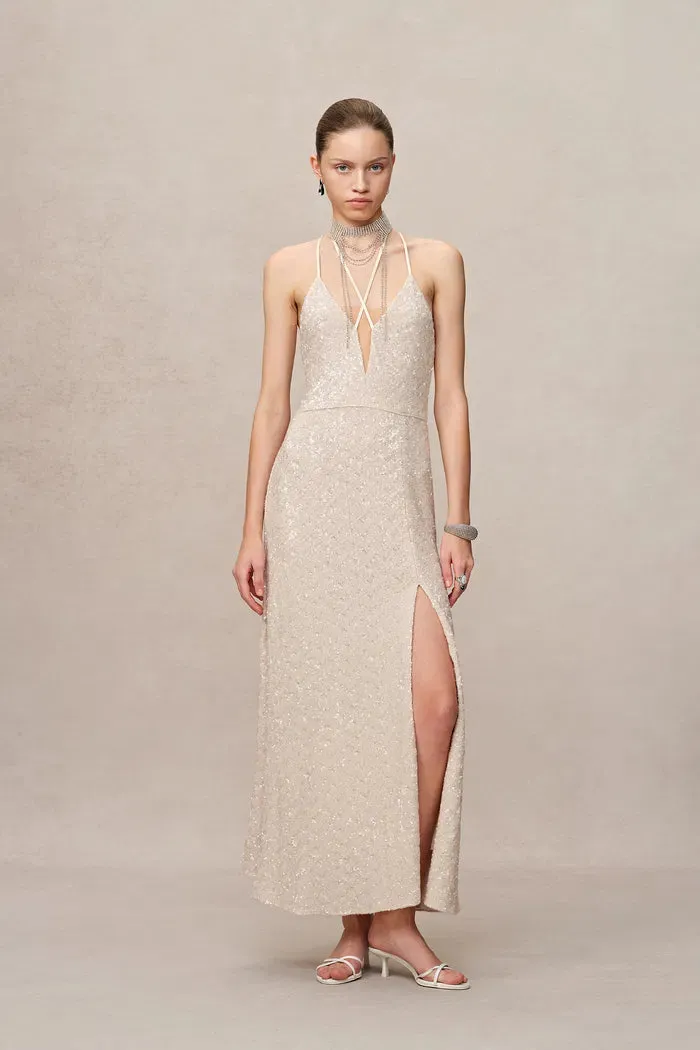 Anita Handcrafted Embellishment Slit Slip Dress in Crystal Sequin Lace sold by Fabrique