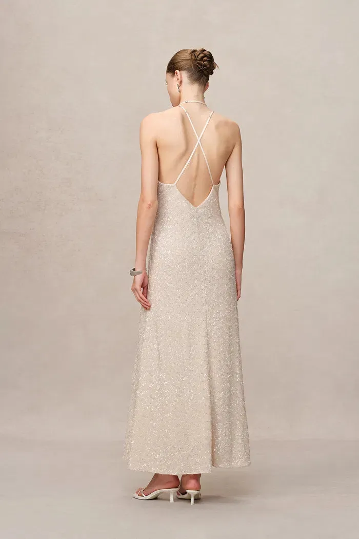 Anita Handcrafted Embellishment Slit Slip Dress in Crystal Sequin Lace sold by Fabrique product image thumbnail 5