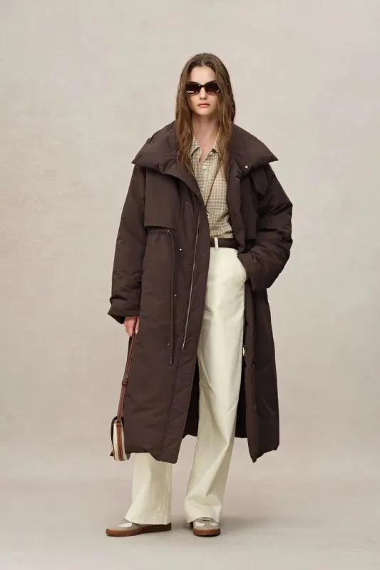 Maddalena UltraLight Brown Long Down Coat in Tear and Water Repellent Fabric sold by Fabrique