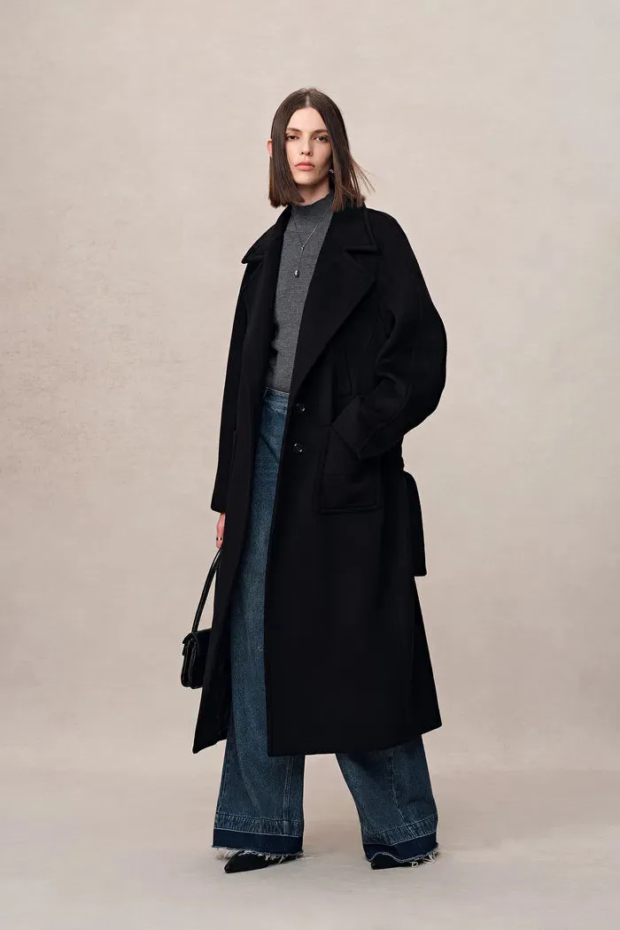 Rond Black Maxi Lapel Long Coat in Merino Cashmere Blend sold by Fabrique