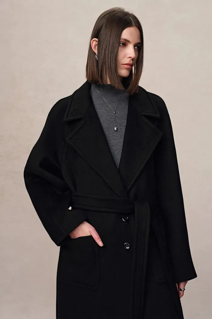 Rond Black Maxi Lapel Long Coat in Merino Cashmere Blend sold by Fabrique product image thumbnail 2