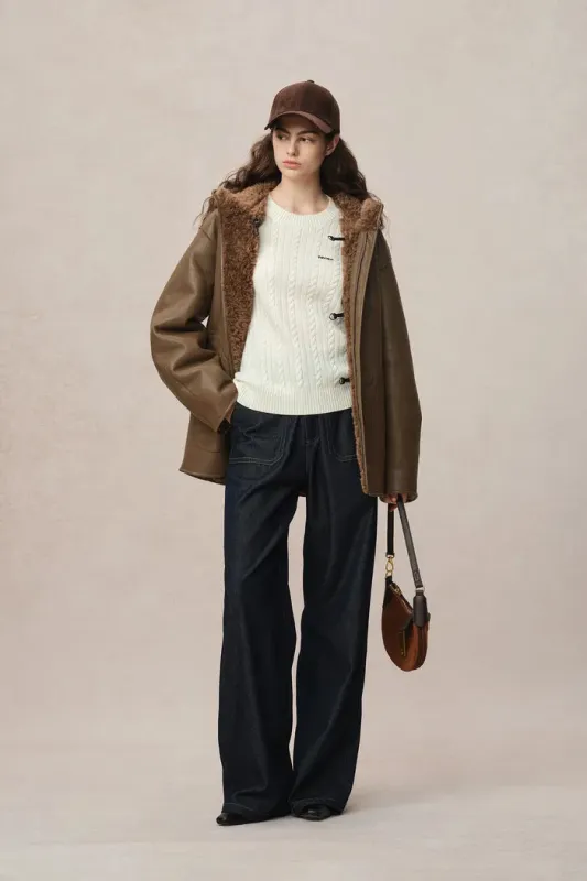 Clémence Shearling Hooded Coat in Vegan Leather and Wool Blend sold by Fabrique