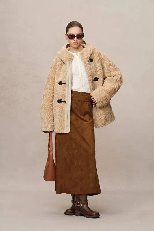 Clémence Semi Oversized Hooded Sherpa Short Coat in Wool Blend sold by Fabrique