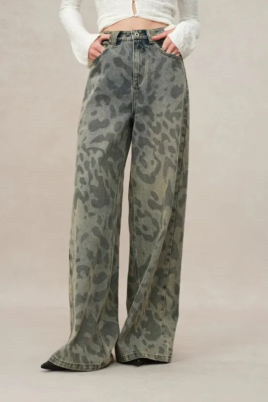 Leopix Leopard Print Wide Leg Jeans In Washed Cotton Denim sold by Fabrique