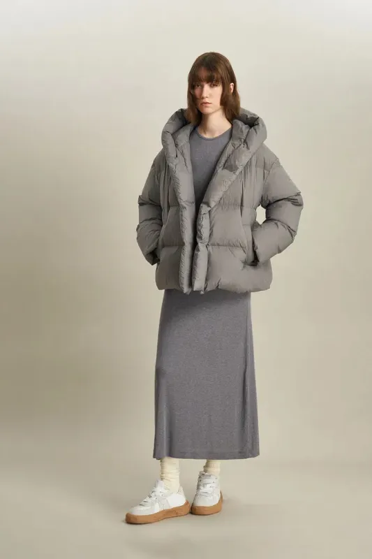 Iliana Gray Belted Hooded White Duck Down Jacket in Ultra Light Fabric made by Fabrique