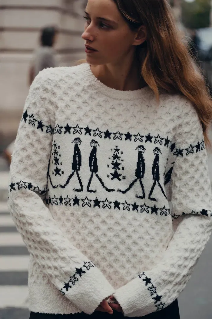 Star Walker White Fair Isle Pullover in Viscose Wool Pom-Pom Yarn Knit sold by Fabrique product image thumbnail 3
