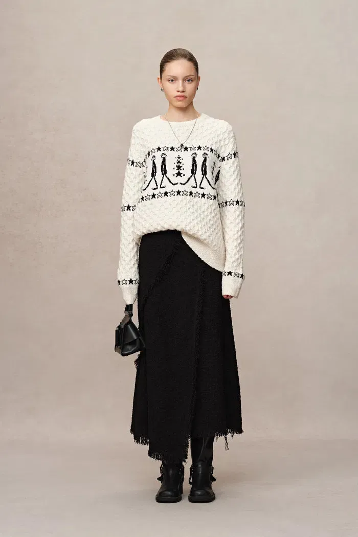 Star Walker White Fair Isle Pullover in Viscose Wool Pom-Pom Yarn Knit sold by Fabrique