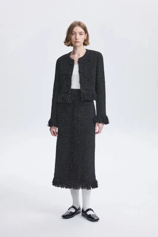 Violette Handcrafted Fringe Jacket in Lambswool Lurex Tweed sold by Fabrique
