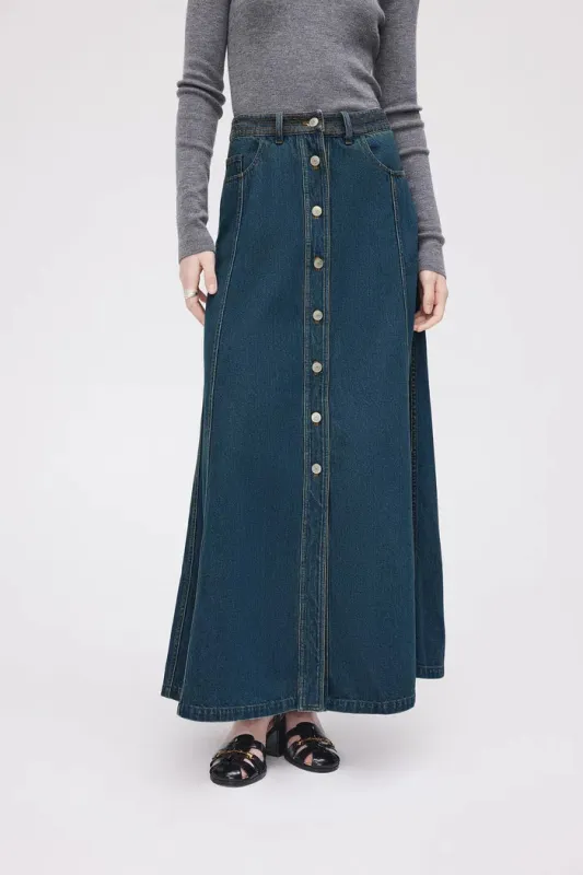 Bailey Pocketed Skirt in Washed Cotton Denim sold by Fabrique