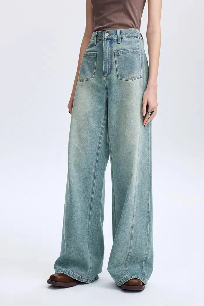 Cheer Patch Pocket Wide Leg Jeans in Washed Cotton Denim sold by Fabrique product image thumbnail 5