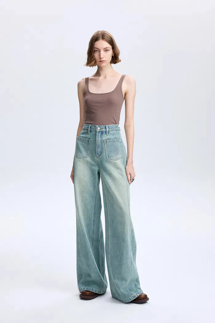 Cheer Patch Pocket Wide Leg Jeans in Washed Cotton Denim sold by Fabrique product image thumbnail 3