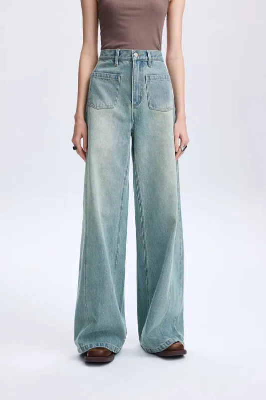 Cheer Patch Pocket Wide Leg Jeans in Washed Cotton Denim made by Fabrique