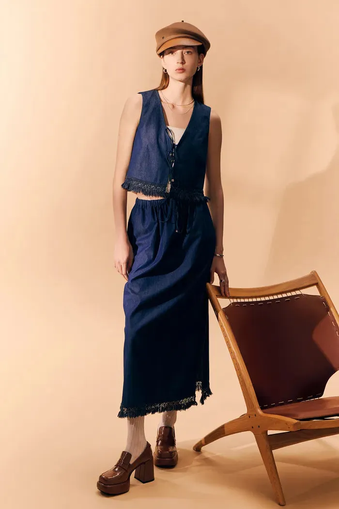 Velia Handcrafted Tassel Vest and Skirt Set in Cotton Denim sold by Fabrique product image thumbnail 2