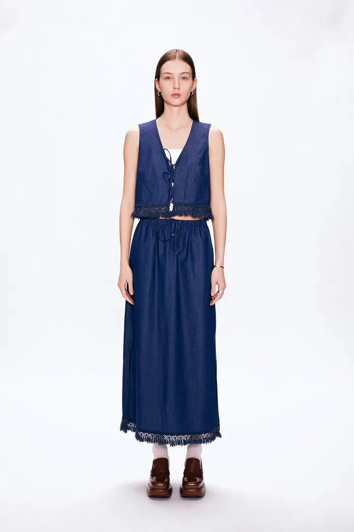 Velia Handcrafted Tassel Vest and Skirt Set in Cotton Denim sold by Fabrique