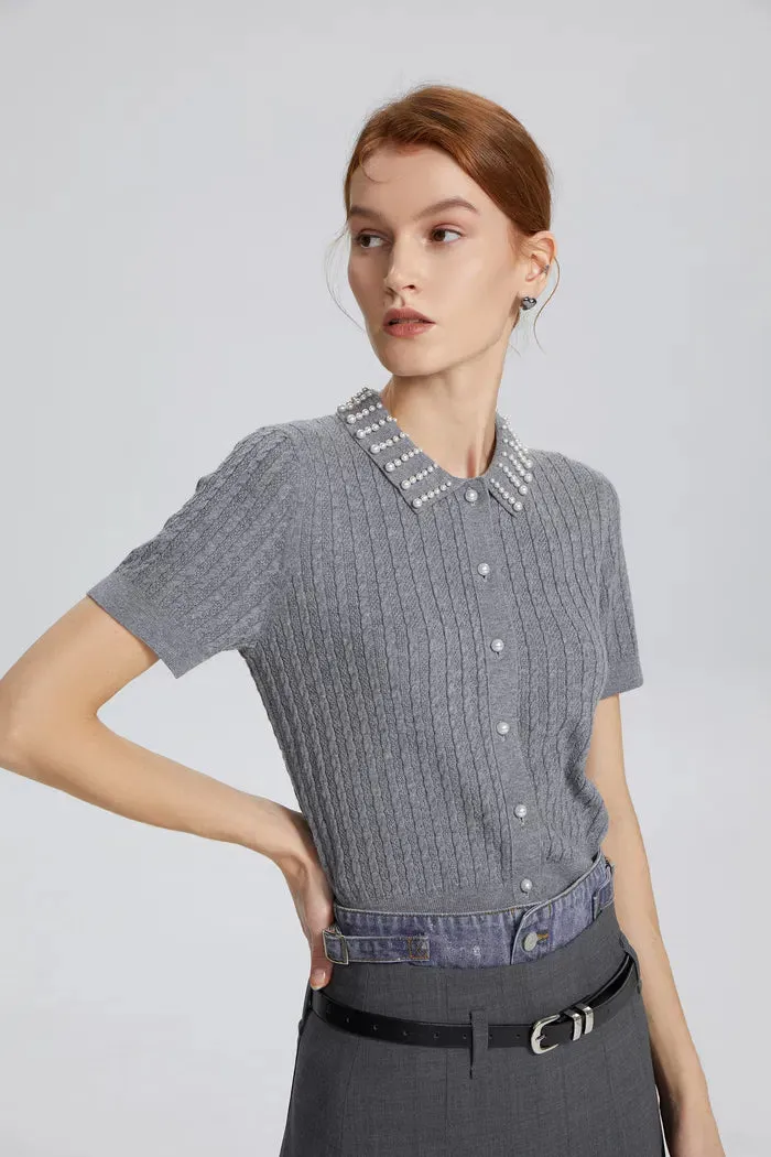 Cassiopea Pearl Embellished Crop Top in Silk Wool Blend sold by Fabrique product image thumbnail 5