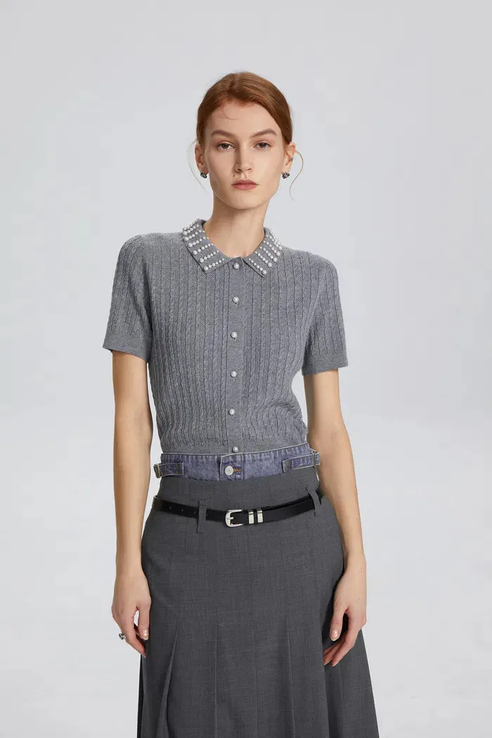 Cassiopea Pearl Embellished Crop Top in Silk Wool Blend sold by Fabrique product image thumbnail 2