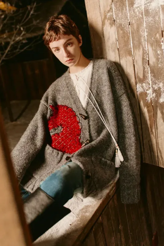 Polly V Neck Pony Motif Cardigan in Alpaca Blend Knit sold by Fabrique