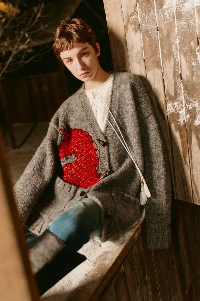 Polly V Neck Pony Motif Cardigan in Alpaca Blend Knit sold by Fabrique