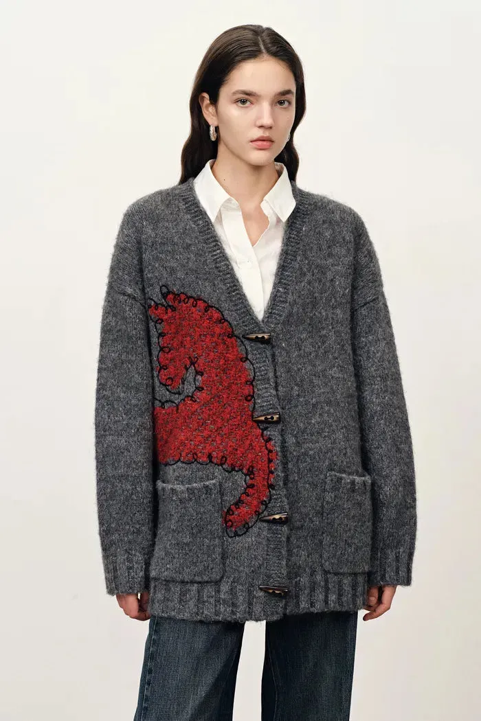 Polly V Neck Pony Motif Cardigan in Alpaca Blend Knit sold by Fabrique product image thumbnail 2