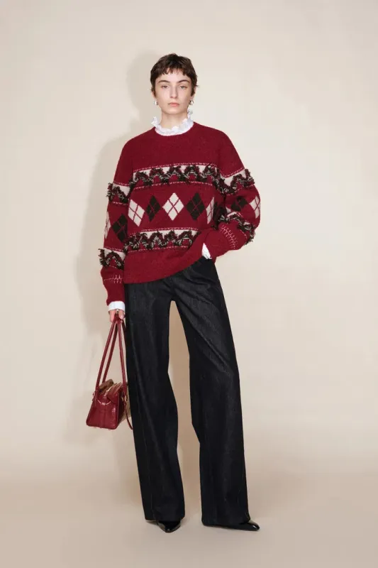 Crimson 3D Argyle Sweater in Merino Wool Loop Bouclé Yarn made by Fabrique