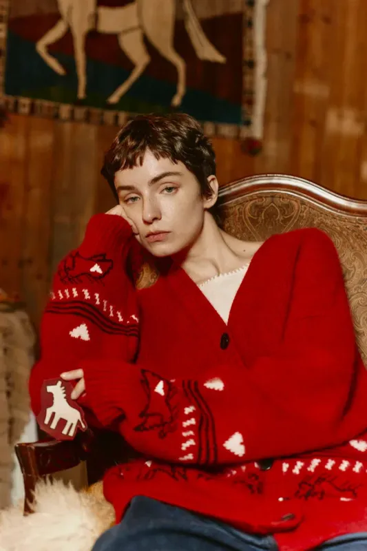 Sara Fair Isle Pony Cardigan in Angora Raccoon Knit Blend sold by Fabrique