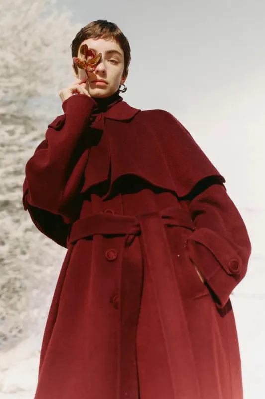 Brianna Belted Detachable Cape Trench Coat in Merino Wool Double-Face sold by Fabrique