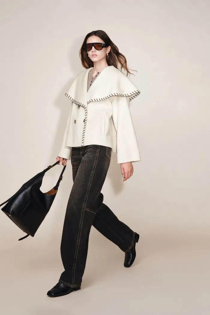 Lumi Handworked Faux Leather Hem Cape Coat in Silk Wool Double Face sold by Fabrique product image thumbnail 3