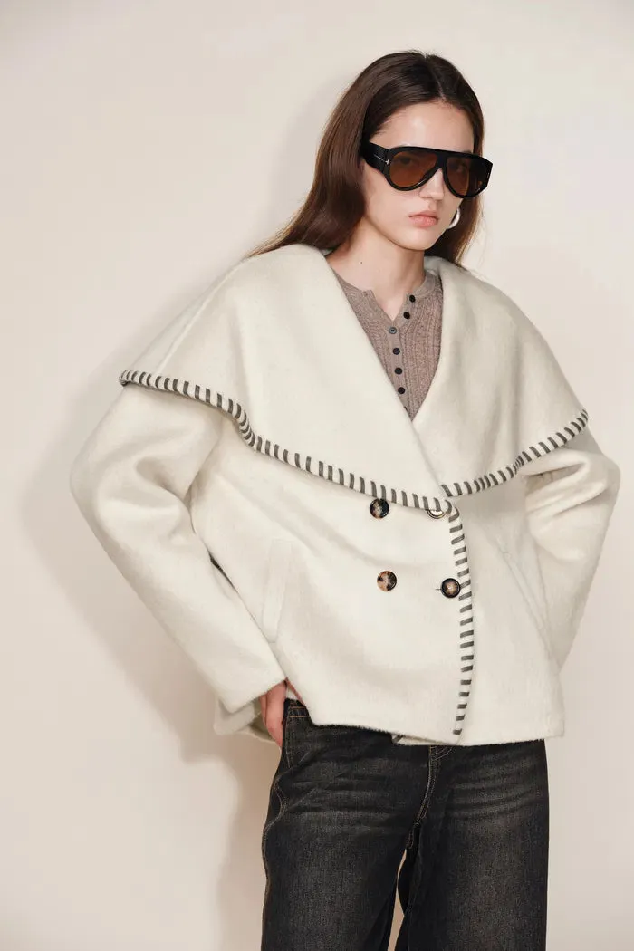 Lumi Handworked Faux Leather Hem Cape Coat in Silk Wool Double Face sold by Fabrique product image thumbnail 4