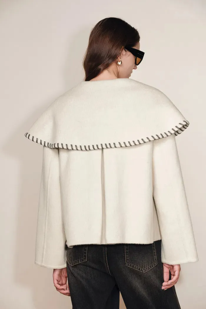 Lumi Handworked Faux Leather Hem Cape Coat in Silk Wool Double Face sold by Fabrique product image thumbnail 5