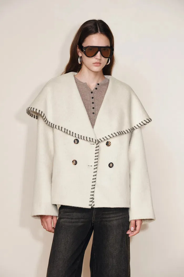 Lumi Handworked Faux Leather Hem Cape Coat in Silk Wool Double Face sold by Fabrique product image thumbnail 2