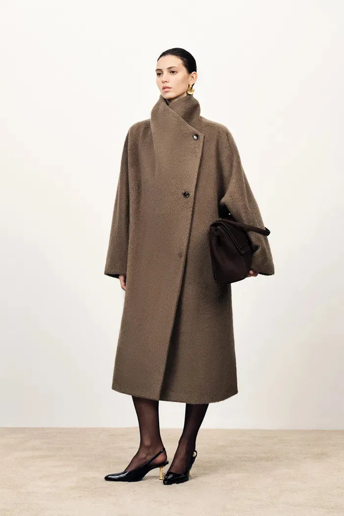 Lumi Mocha Wrap Coat in Alpaca Wool Blend sold by Fabrique
